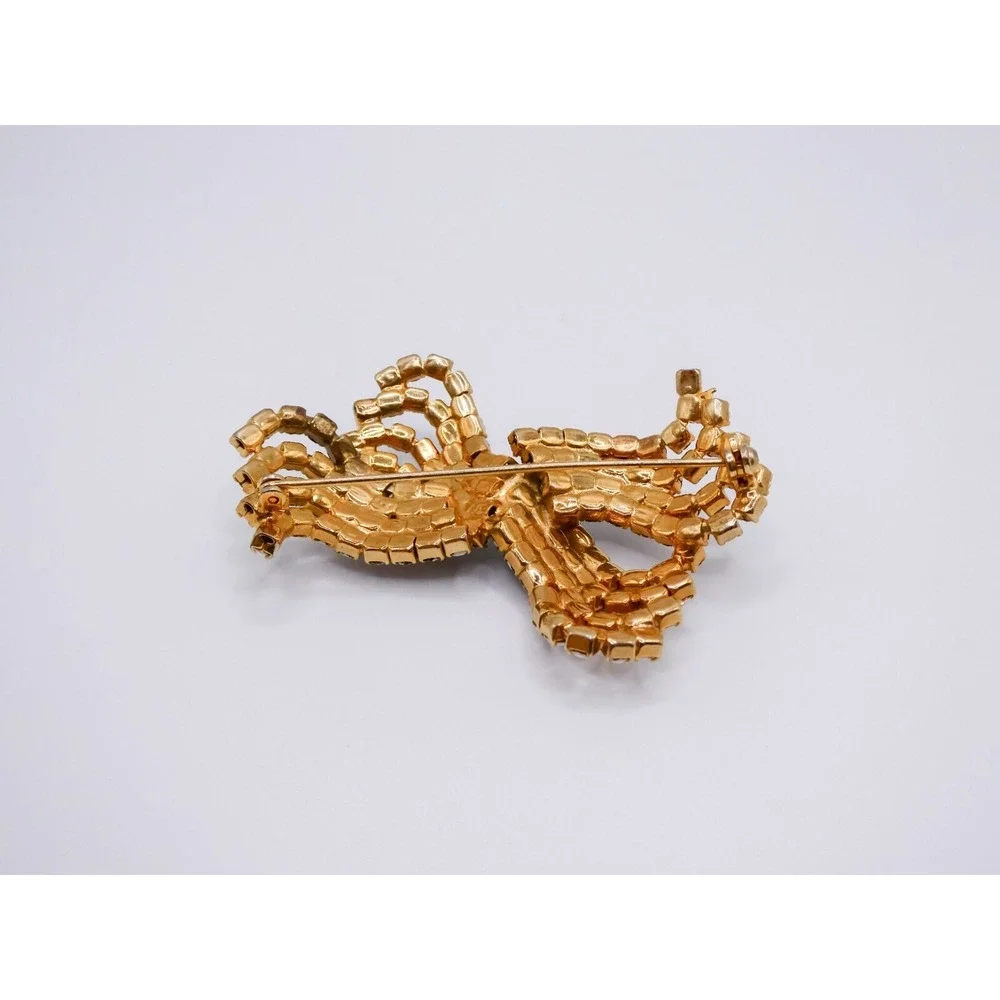 Vintage Milk Glass White Bow Gold Toned Brooch Large 2.6 Rhinestone Figural